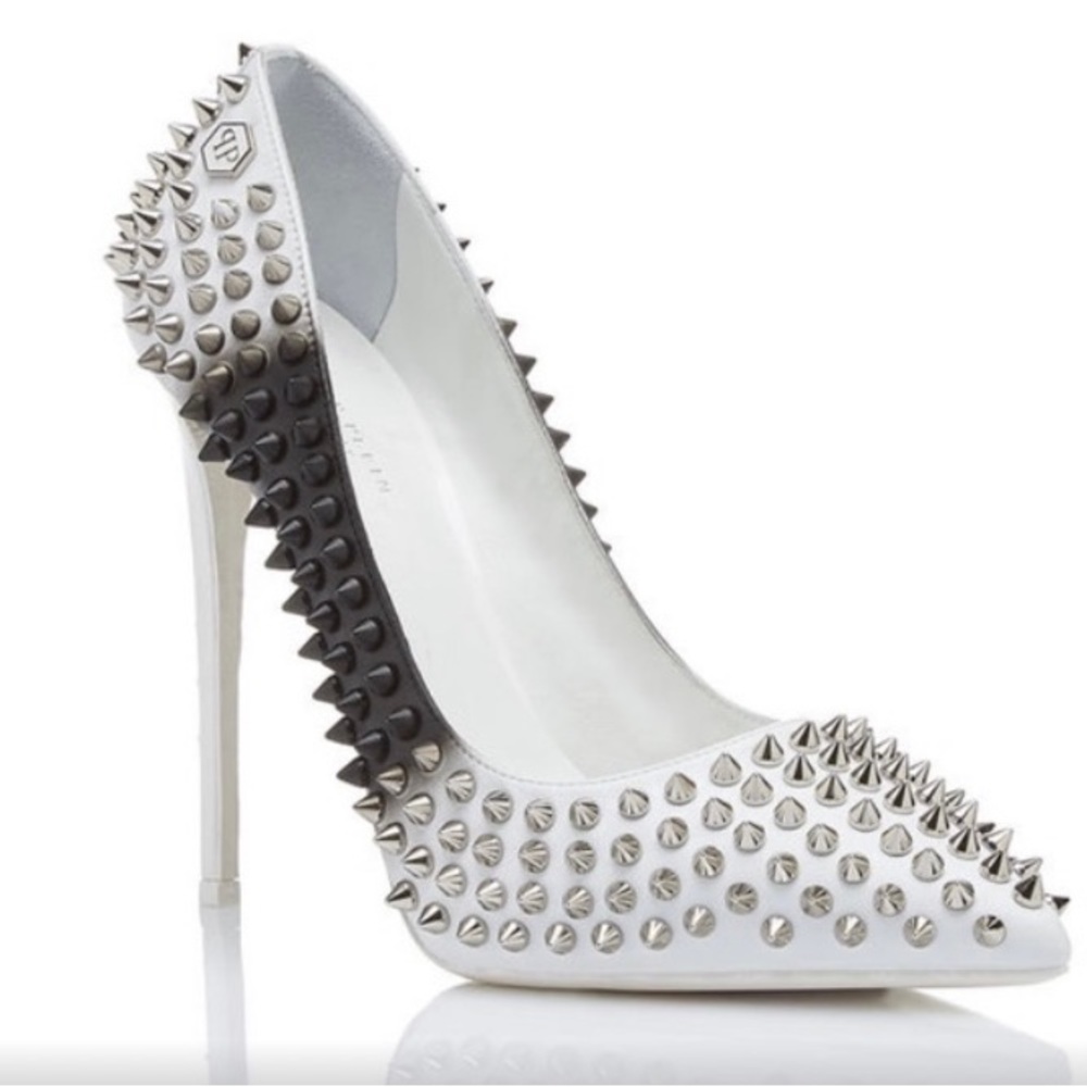 Philipp Plein black & white with silver tone spikes stiletto shoes in size 8
